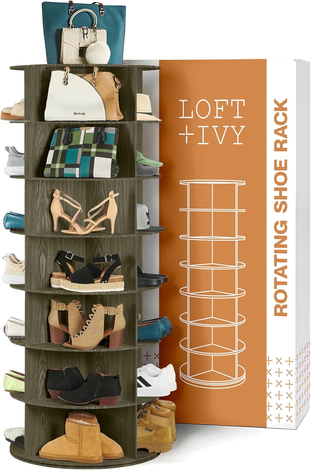 LOFT + IVY 7 Tier Rotating Shoe Rack Tower- 360 Degree Spinning Storage Organizer- Dark Brown