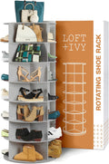 LOFT + IVY 7 Tier Rotating Shoe Rack Tower- 360 Degree Spinning Storage Organizer- Grey