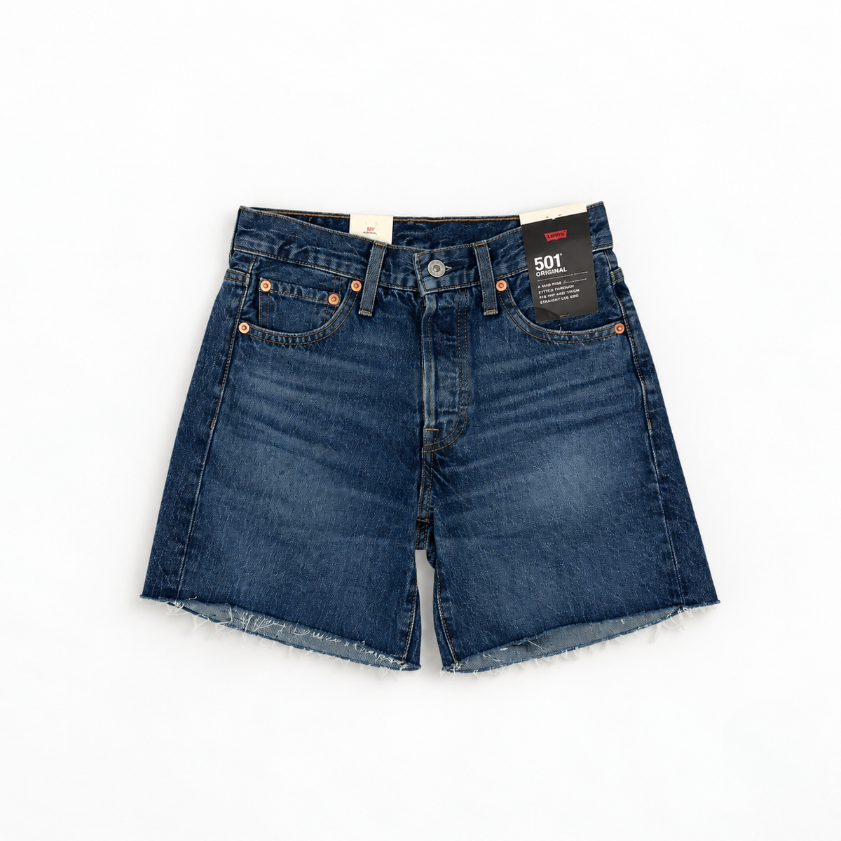 Levi's 501 Mid Thigh Dark Wash Raw Hem Shorts