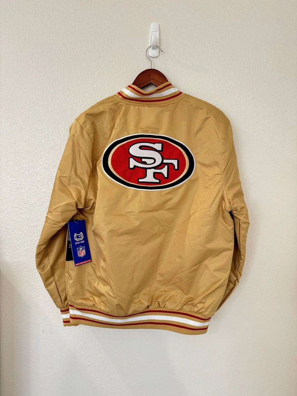 Ultra Game NFL San Francisco 49ers Men's Varsity Satin Gold Bomber Jacket